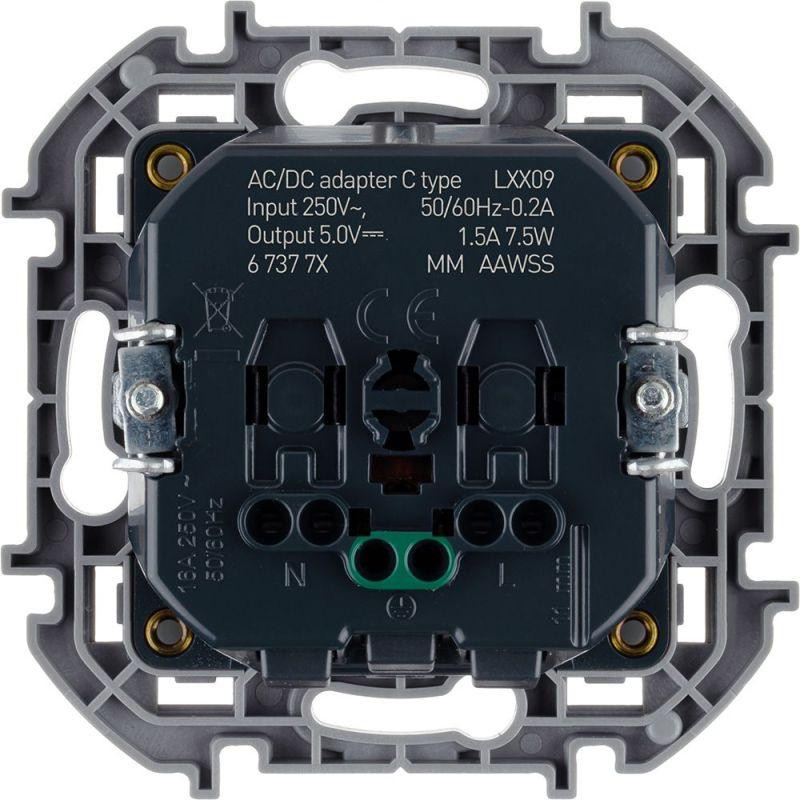 Розетка 1-м СП Inspiria 16А IP20 250В 2P+E немецк. стандарт с заряд. устройством USB тип C 1.5А 5В механизм антрацит IEK 673773