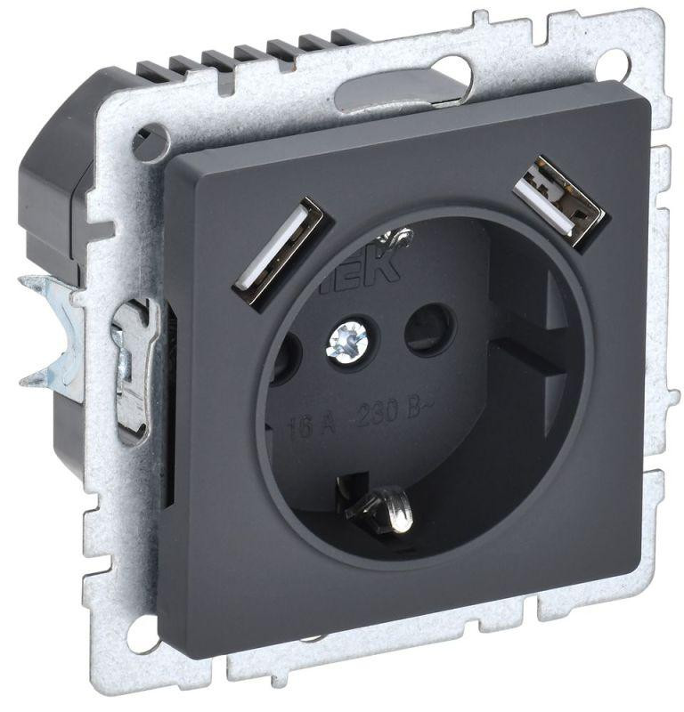 картинка Розетка BRITE РЮш10-1-БрГ 16А с USB A+A 2.1А с заземл. защ. шторки механизм графит IEK BR-R14-16-U21-D21-K53