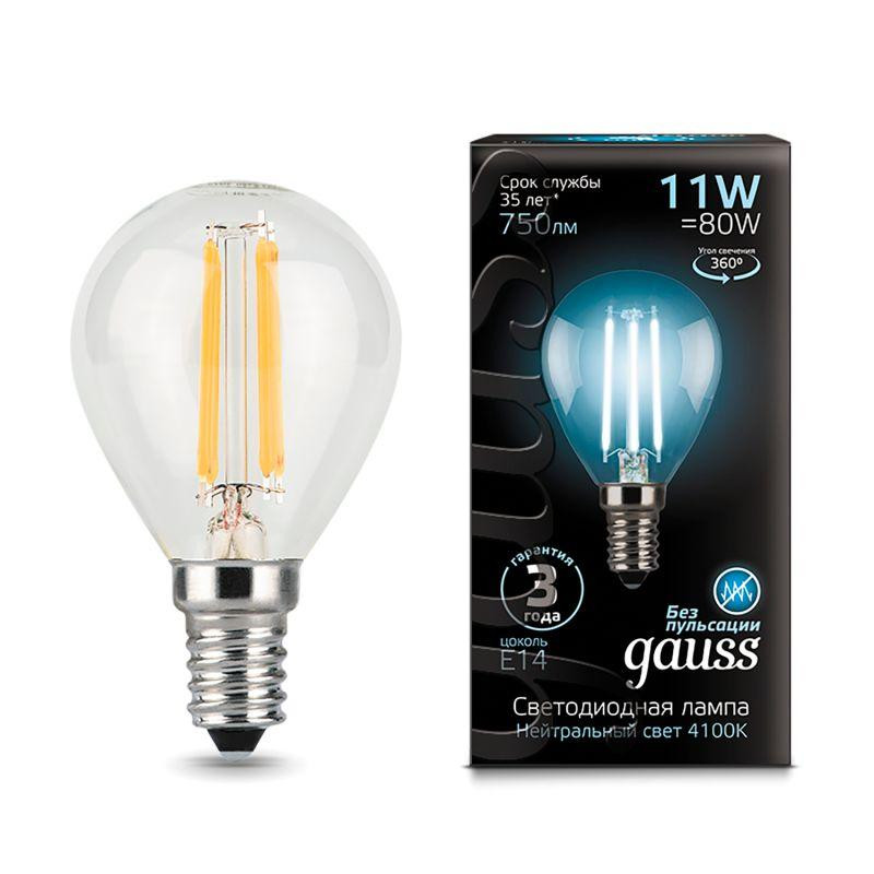 картинка Лампа светодиодная филаментная Black Filament 11Вт P45 шар 4100К нейтр. бел. E14 830лм GAUSS 105801211