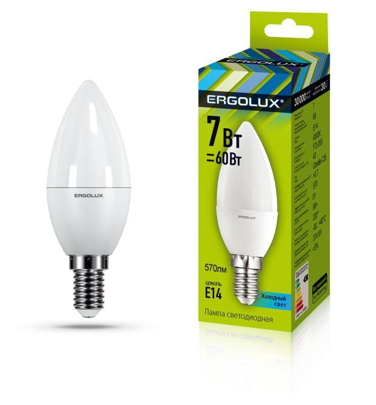 картинка Лампа светодиодная LED-C35-7W-E14-4500K "Свеча" 172-265В Ergolux 12135